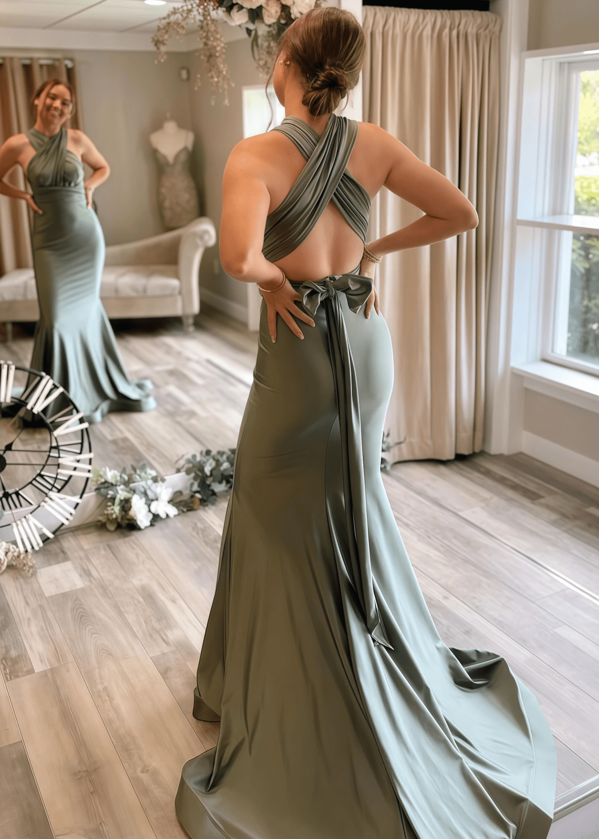 Bernice | Amazing Evening Trumpet Bows Backless Sage Green Satin Maxi Formal Dress with Deep V - Neck - Price #price_variant_lowest# - Sage - PromDressClub