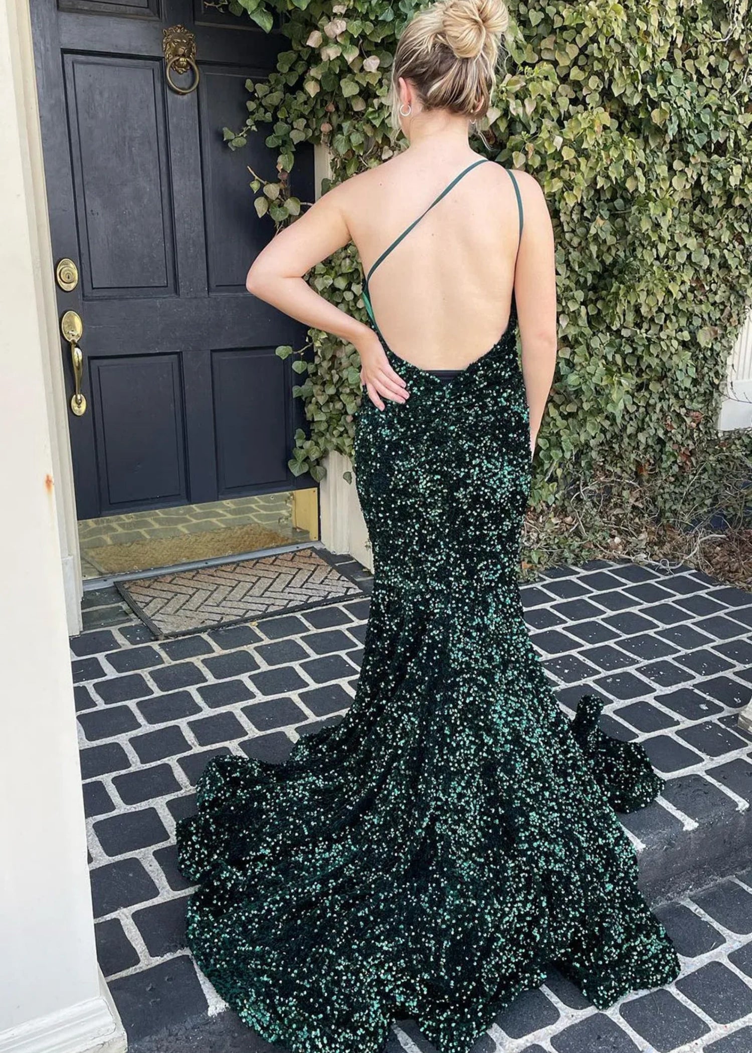 Bernice | Mermaid Long Pink Prom Dresses With Sequins One Shoulder - Dark Green - PromDressClub