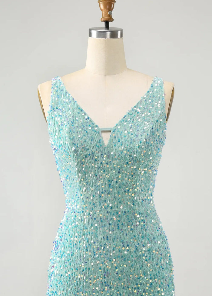 Beryl |Bodycon V - neck Sequins Short Dark Blue Homecoming Dress With Fringe - Sage - PromDressClub