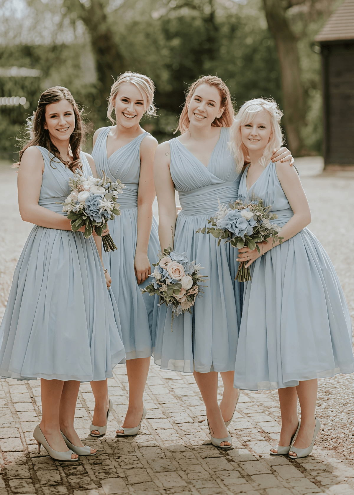 Betty | A - Line Ruched Beach Dusty Blue Chiffon Midi Bridesmaid Dress with V - Neck - Price #price_variant_lowest# - Dusty Blue - PromDressClub