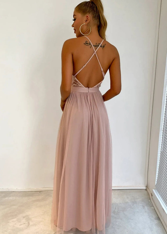 Beverly | A Line Long Green Prom Dress With V - neck Sequin Slit - Blush - PromDressClub