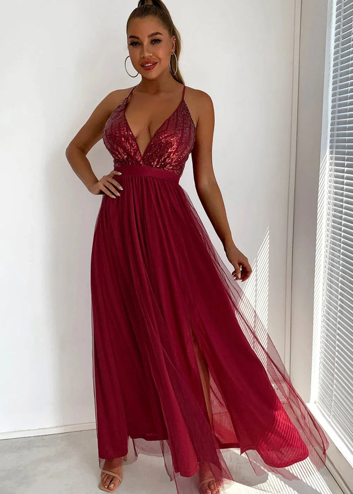Beverly | A Line Long Green Prom Dress With V - neck Sequin Slit - Burgundy - PromDressClub