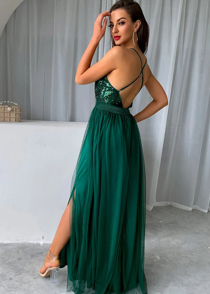 Beverly | A Line Long Green Prom Dress With V - neck Sequin Slit - Green - PromDressClub