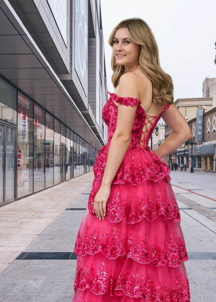 Beverly | Fuchsia A Line Off the Shoulder Ruffle Prom Dress with Slit