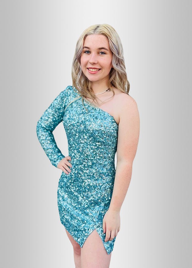Leona |Gold Homecoming Dresses Short Sequins One Shoulder Long Sleeve - Blue - PromDressClub