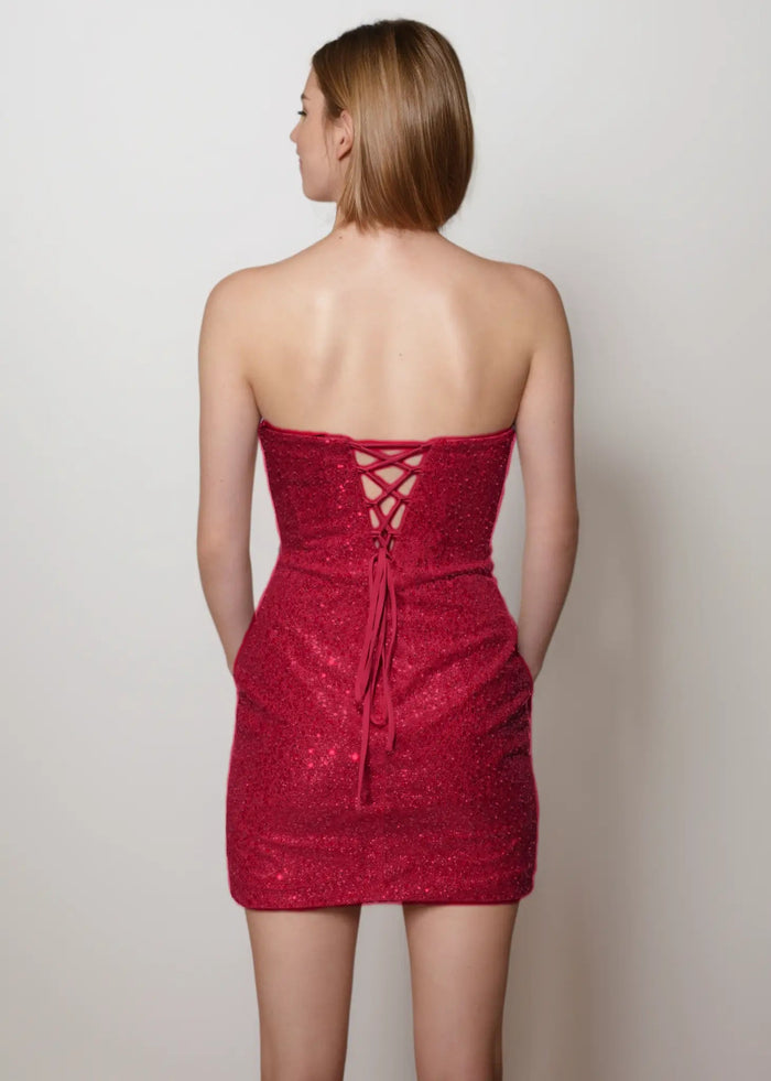 Prima |Bodycon Beaded Glitter Fabric Lace - up Back Corset Dress Straight Strapless Short Sky Blue Prom Dress With Sparkly - Burgundy - PromDressClub