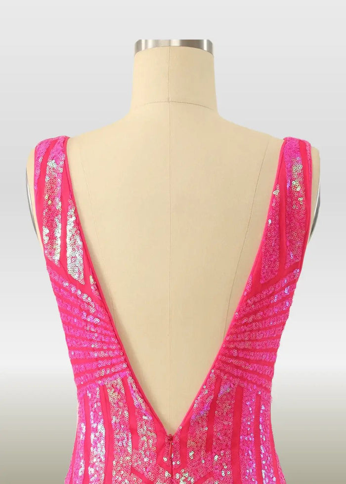 Olive |Bodycon Fuchsia Open Back V - Neck Tight Corset Dress Short Homecoming Dress with Sequins - Fuchsia - PromDressClub