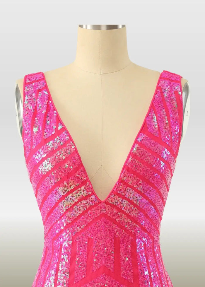 Olive |Bodycon Fuchsia Open Back V - Neck Tight Corset Dress Short Homecoming Dress with Sequins - Fuchsia - PromDressClub