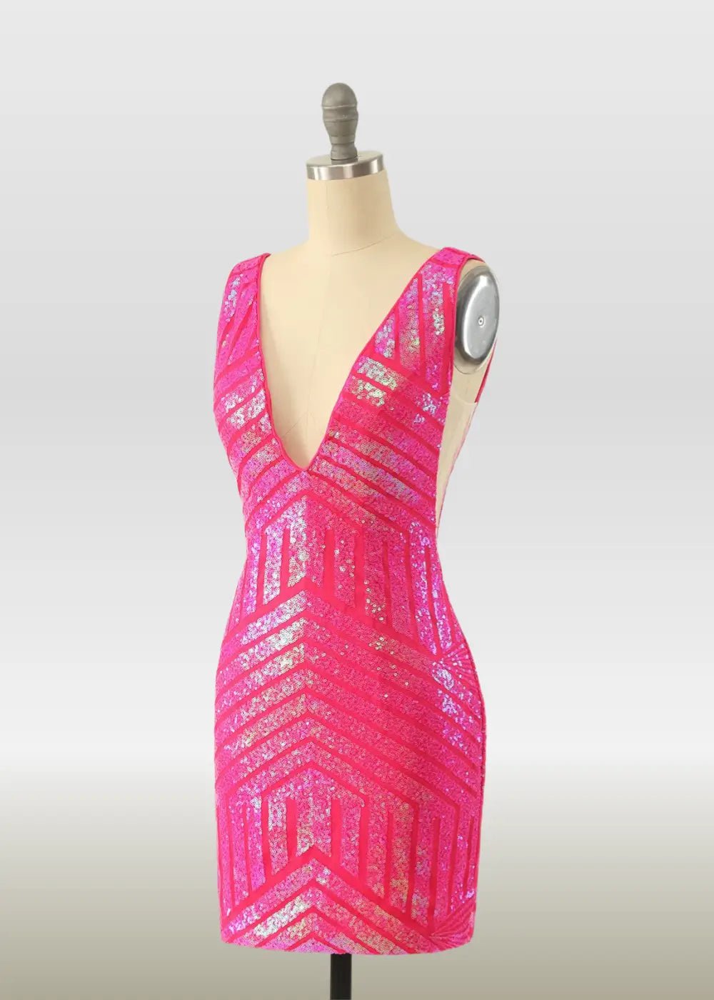 Olive |Bodycon Fuchsia Open Back V - Neck Tight Corset Dress Short Homecoming Dress with Sequins - Fuchsia - PromDressClub