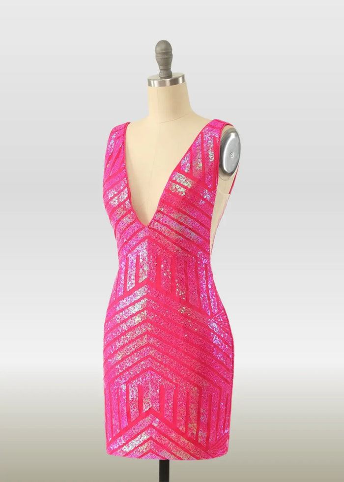 Olive |Bodycon Fuchsia Open Back V - Neck Tight Corset Dress Short Homecoming Dress with Sequins - Fuchsia - PromDressClub