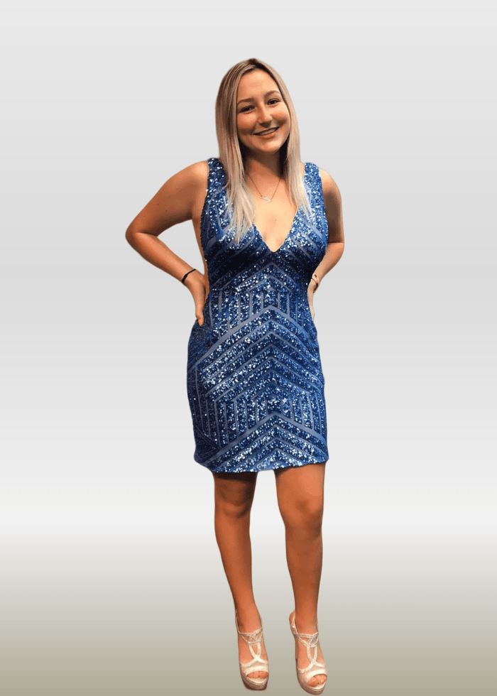 Olive |Bodycon Fuchsia Open Back V - Neck Tight Corset Dress Short Homecoming Dress with Sequins - Navy Blue - PromDressClub