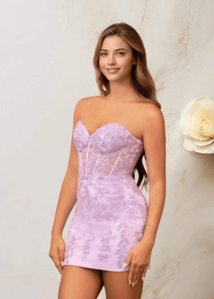 Edith |Bodycon Lace Mini Lilac Homecoming Dress - US0 - PromDressClub