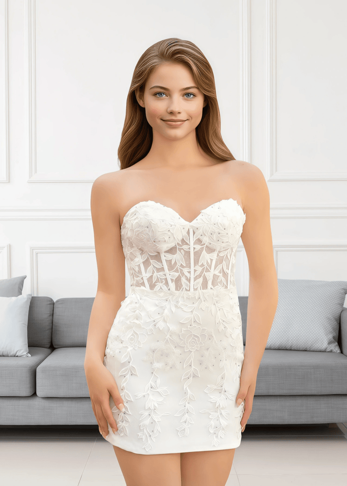 Edith |Bodycon Lace Mini White Homecoming Dress - US0 - PromDressClub