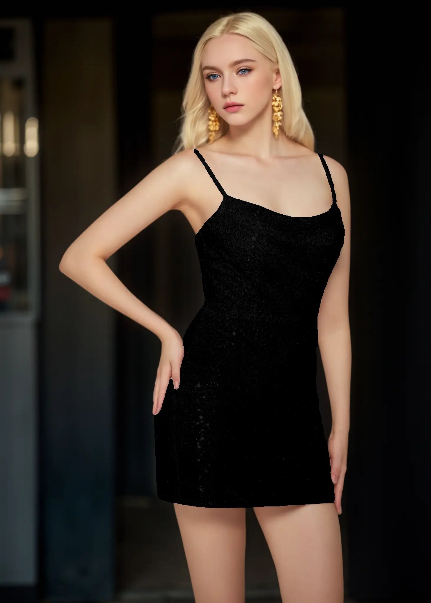 Nina |Bodycon Scoop Neck Strappy Back Straight Beaded Glitter Fabric Pink Short Homecoming Dress With Sparkly - Black - PromDressClub