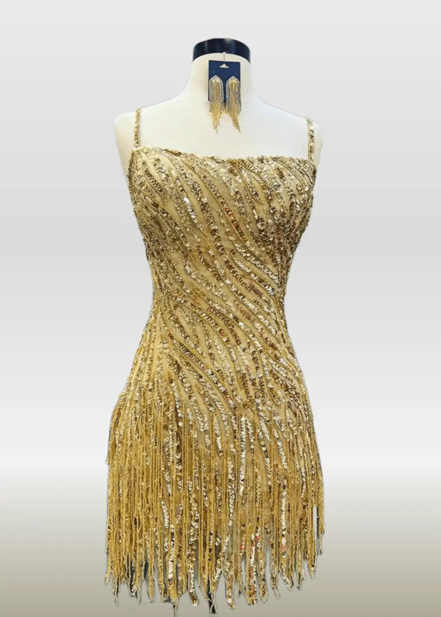 Natalie |Bodycon Sparkly Sheath Open Back Corset Gold Short Homecoming Dress with Tassel - Gold - PromDressClub