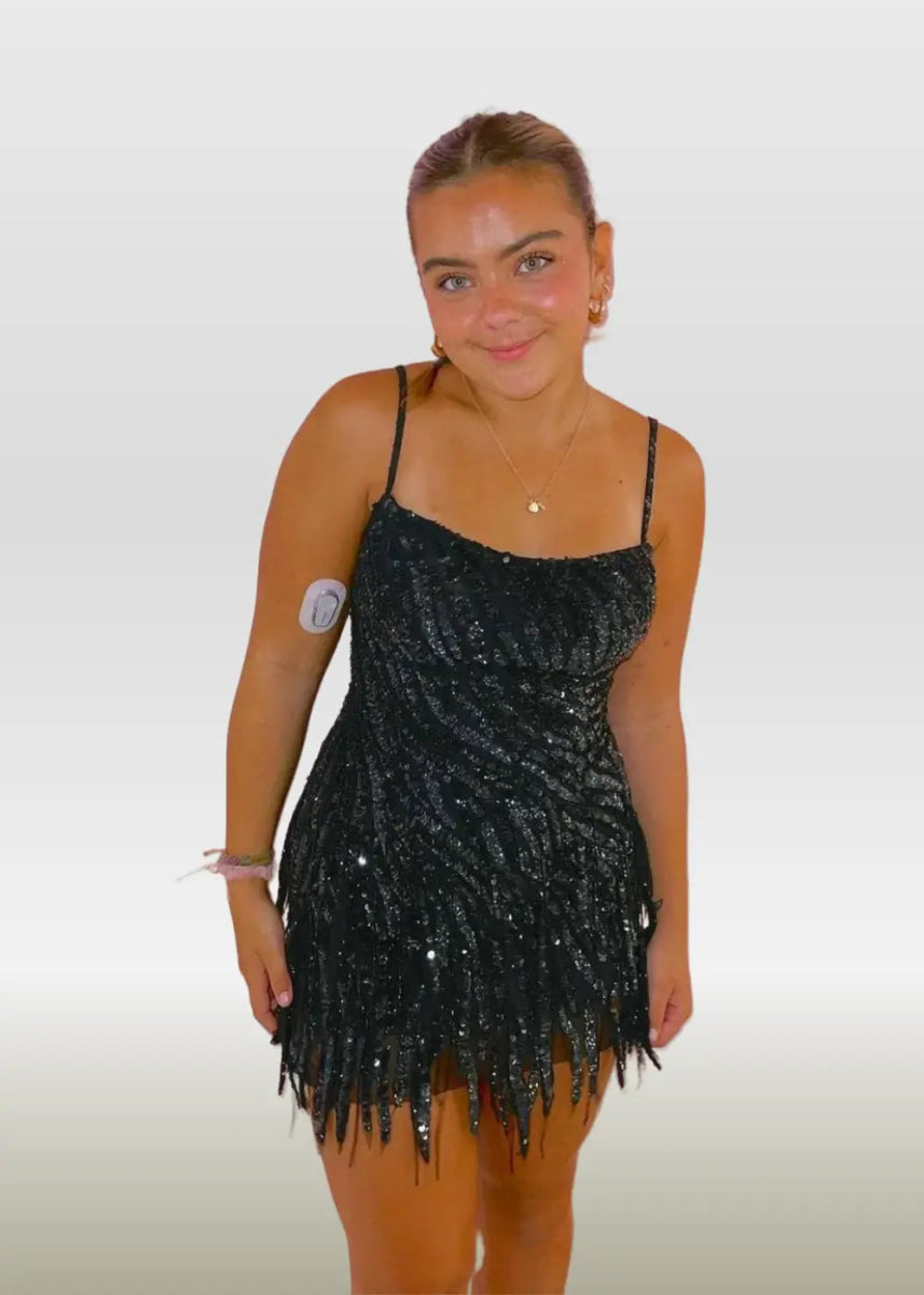 Natalie |Bodycon Sparkly Sheath Open Back Corset Black Short Homecoming Dress with Tassel - PromDressClub