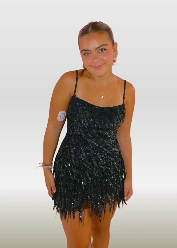 Natalie |Bodycon Sparkly Sheath Open Back Corset Black Short Homecoming Dress with Tassel - PromDressClub