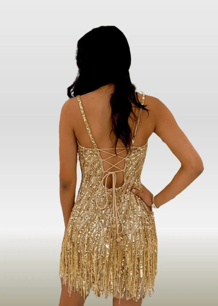 Natalie |Bodycon Sparkly Sheath Open Back Corset Gold Short Homecoming Dress with Tassel - Gold - PromDressClub