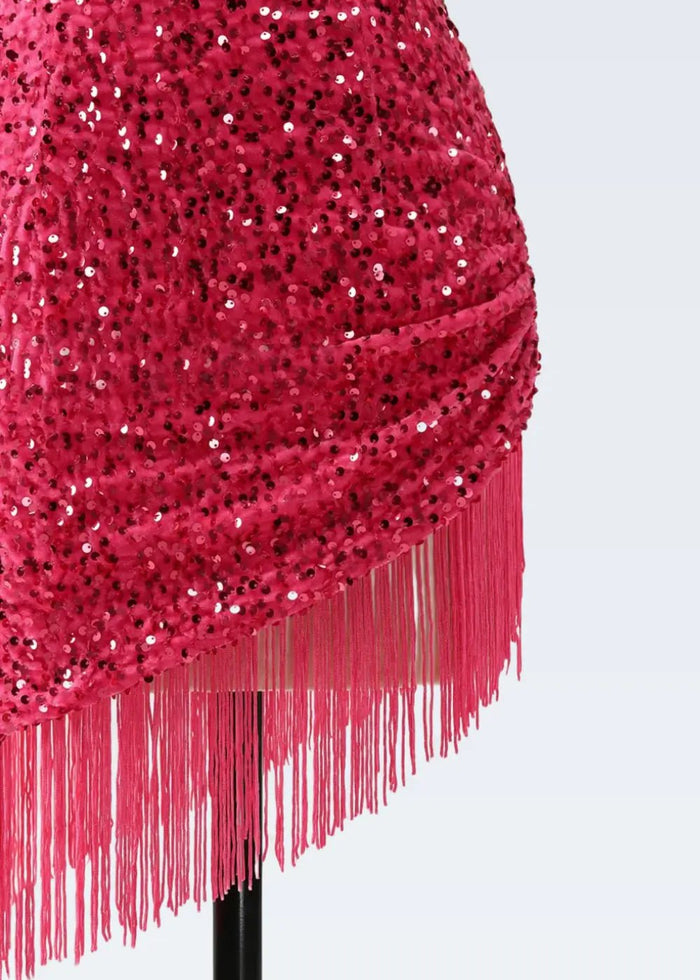 Nancy |Bodycon Sparkly V - Neck Fuchsia Halter Neck Sequins Short Homecoming Dress with Fringe - Fuchsia - PromDressClub