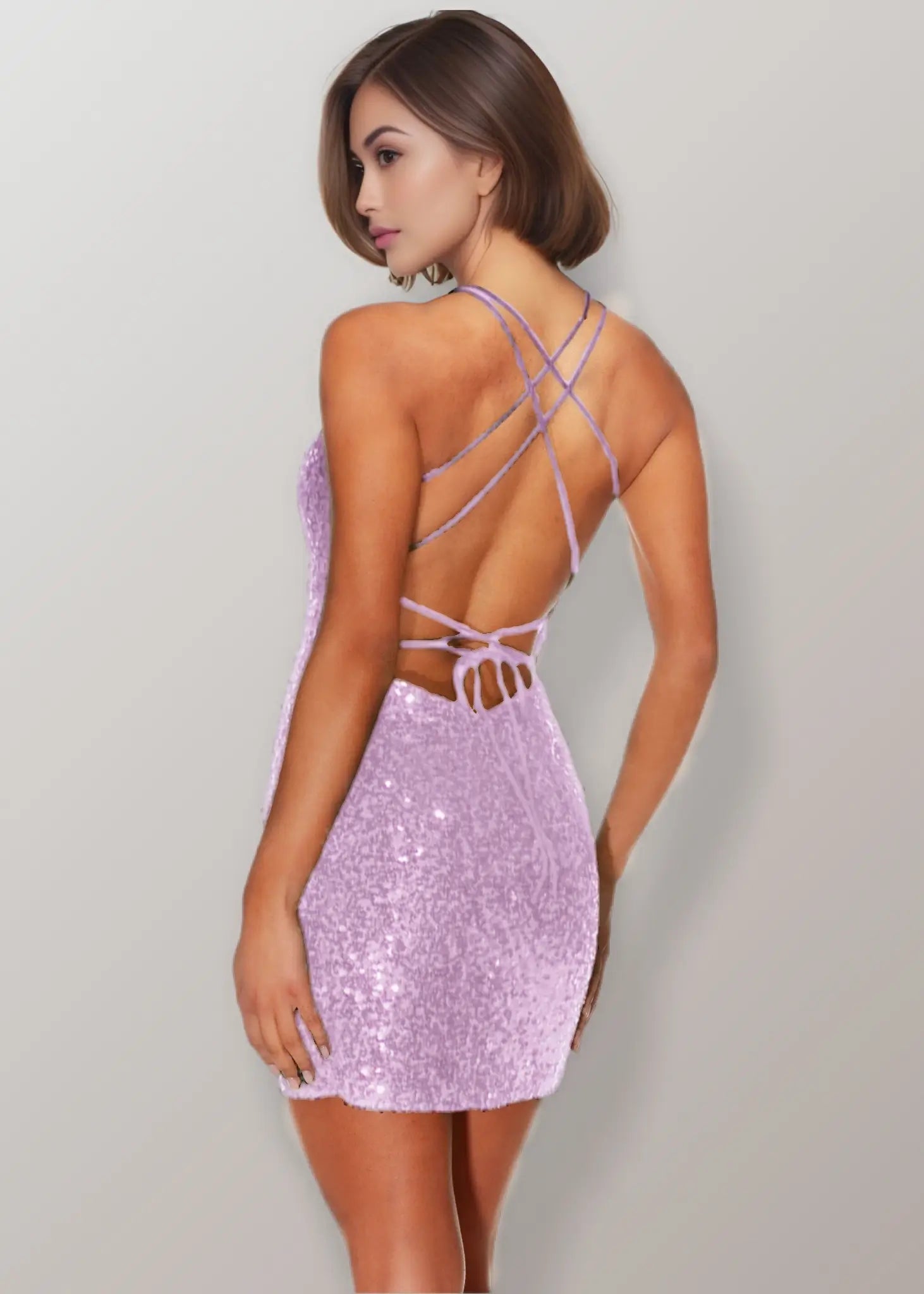 Monica |Bodycon Straight Plunging Neckline Strappy Back Sequin Mini Green Short Homecoming Dress With Sparkly - Lilac - PromDressClub
