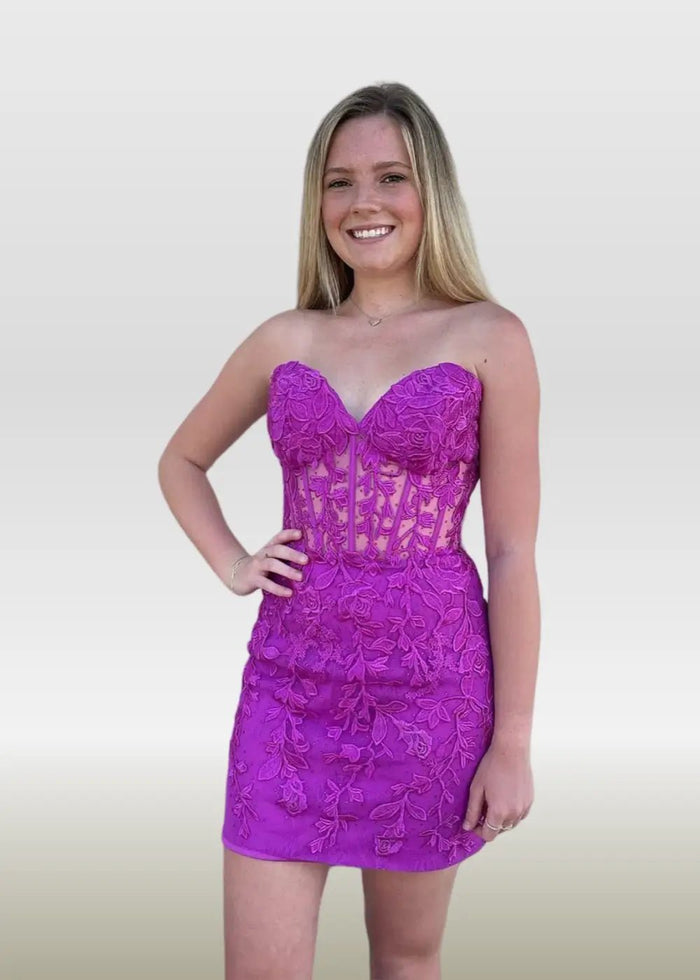 Mildred |Bodycon Sweetheart Corset Dress Pink Lace Homecoming Dress with Appliques - Dark Purple - PromDressClub