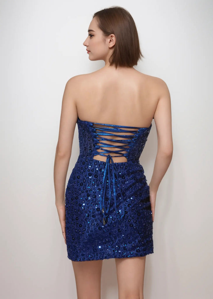 Michaelia |Bodycon Sweetheart Neckline Straight Lace - up Back Corset Dresses Fuchsia Short Homecoming Dress With Sequins - Navy Blue - PromDressClub