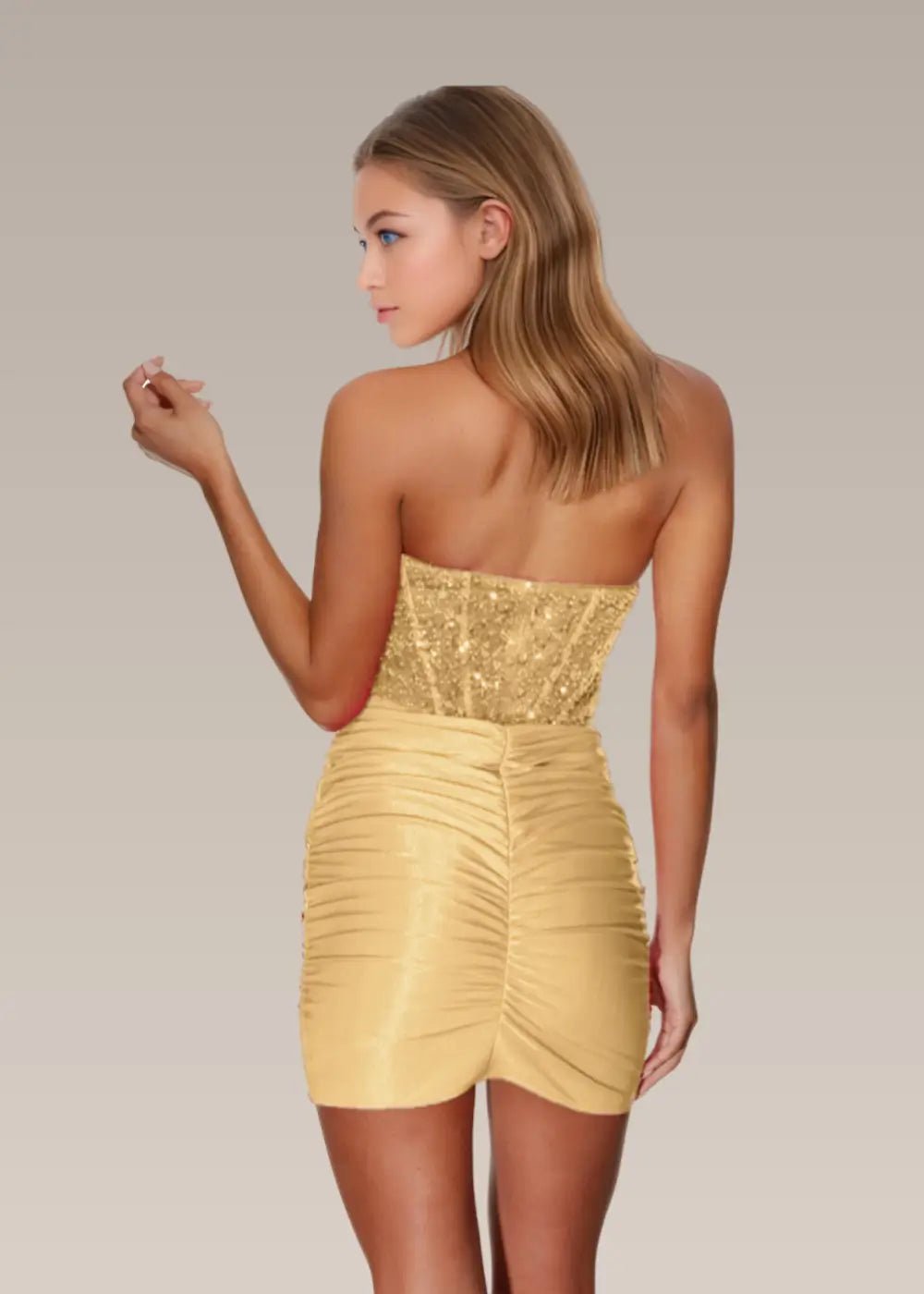 Meroy |Bodycon Sweetheart Strapless Straight Closed Back Corset Dress Short Homecoming Dress With Embellished Ruched - Gold - PromDressClub