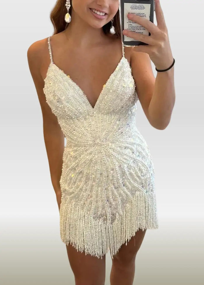 Maxine |Bodycon Sheath Corset White Sequin Short Homecoming Dress with Tassel - PromDressClub