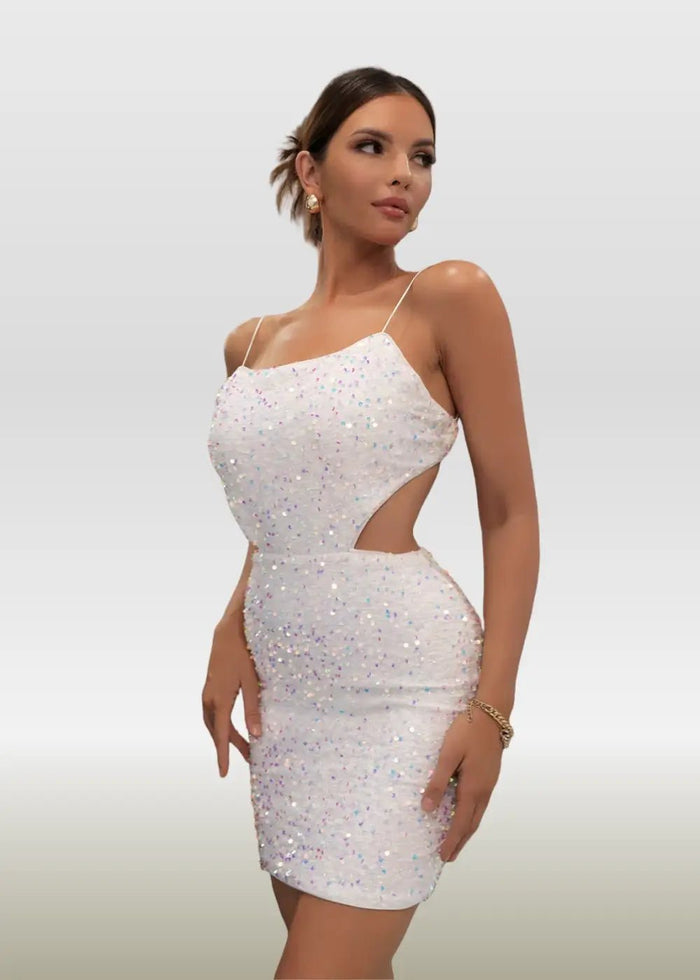 Marian |Bodycon White Square Backless Short/Mini Homecoming Dress with Sparkly Sequins - White - PromDressClub