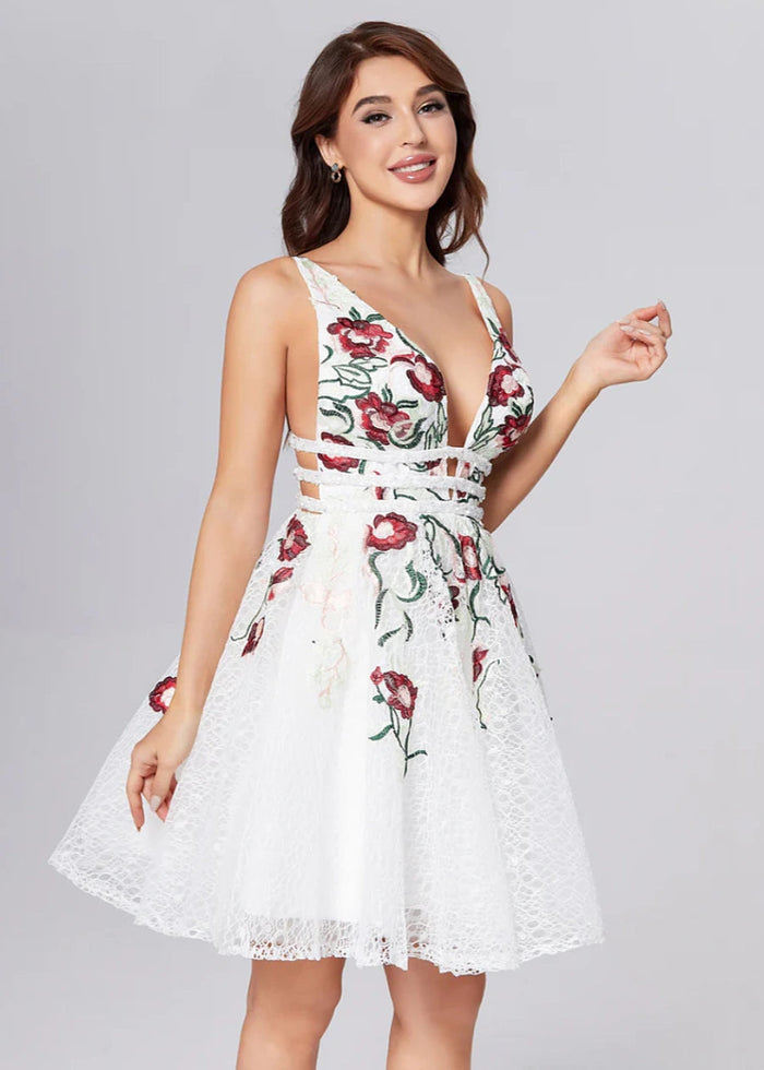 Boudicenia | Bold & Timeless White Homecoming Dress – Be Unforgettable This Fall - White Floral - PromDressClub