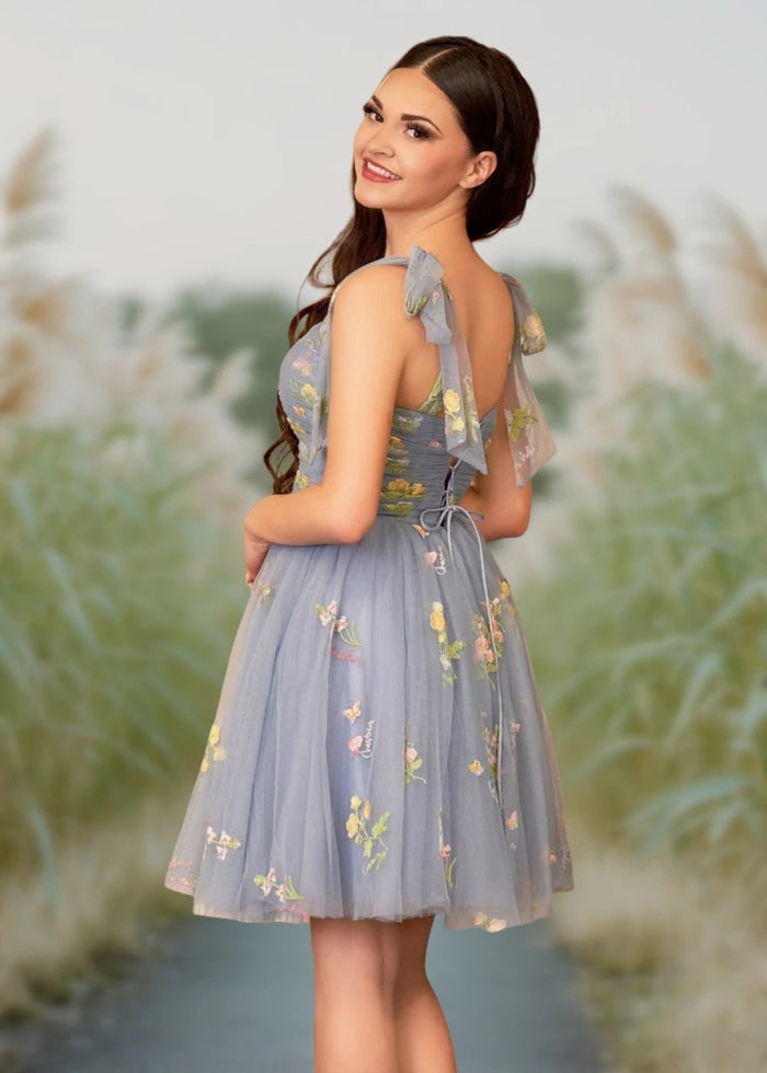 Bridget | A Line Dusty Blue Floral Corset Tulle Short Homecoming Dress - Dusty Blue Floral - PromDressClub