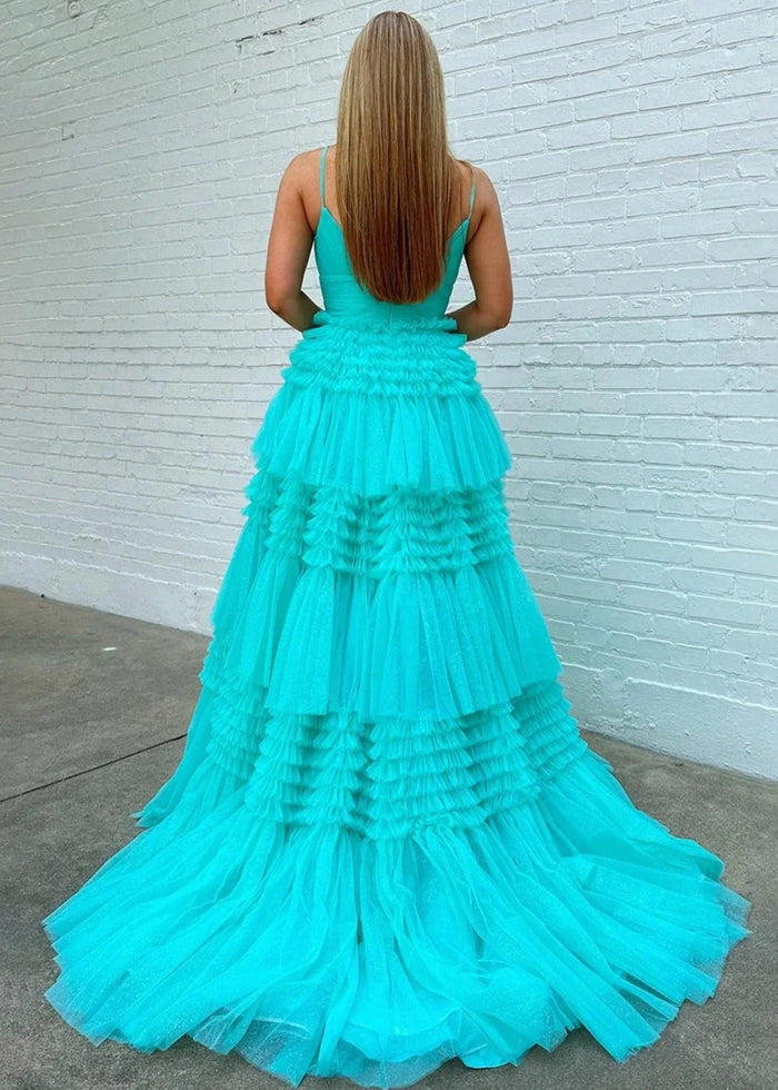 Bridget | Black Sage Green A Line Ruffle V Neck Prom Dress with Slit - Aqua - PromDressClub