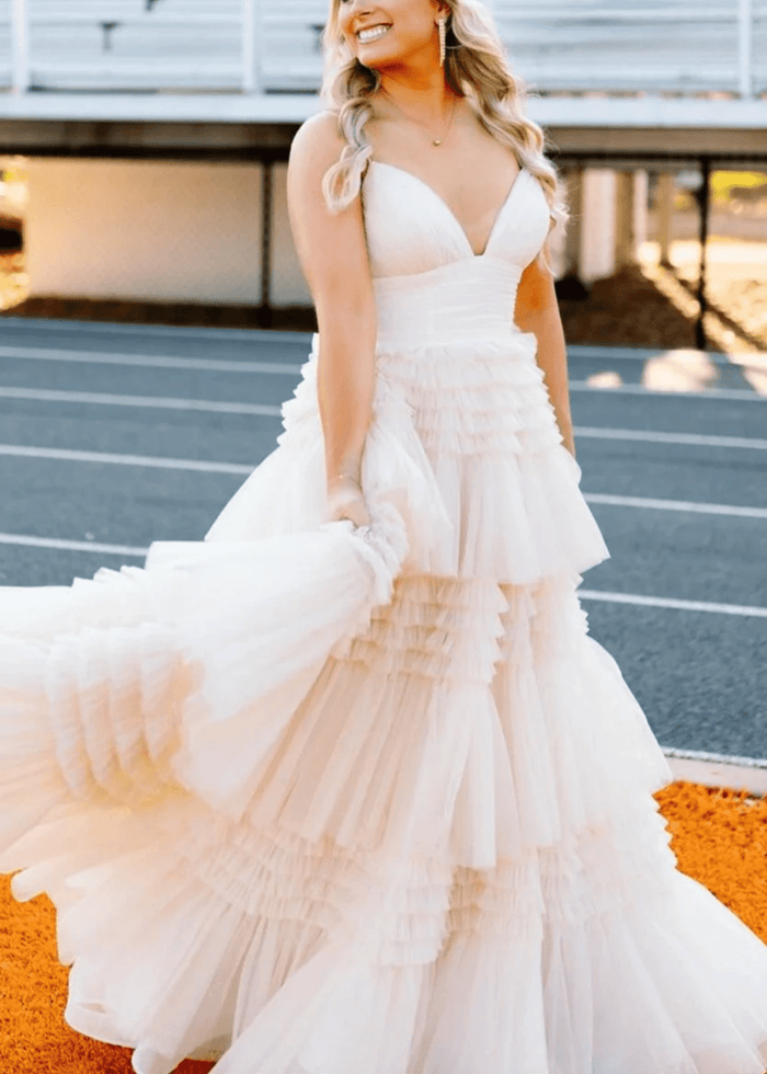 Bridget | Black Sage Green A Line Ruffle V Neck Prom Dress with Slit - Champagne - PromDressClub