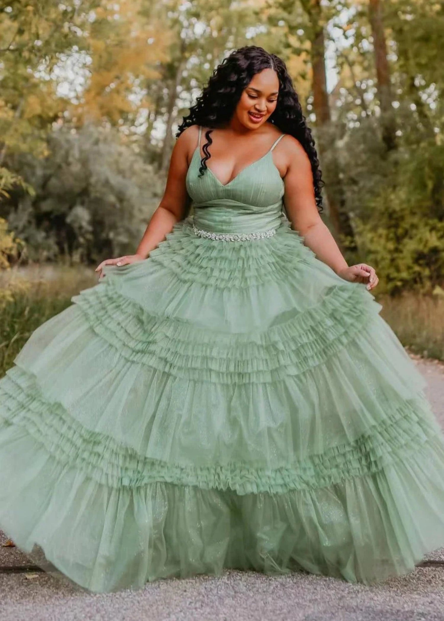 Bridget | Black Sage Green A Line Ruffle V Neck Prom Dress with Slit - Sage - PromDressClub