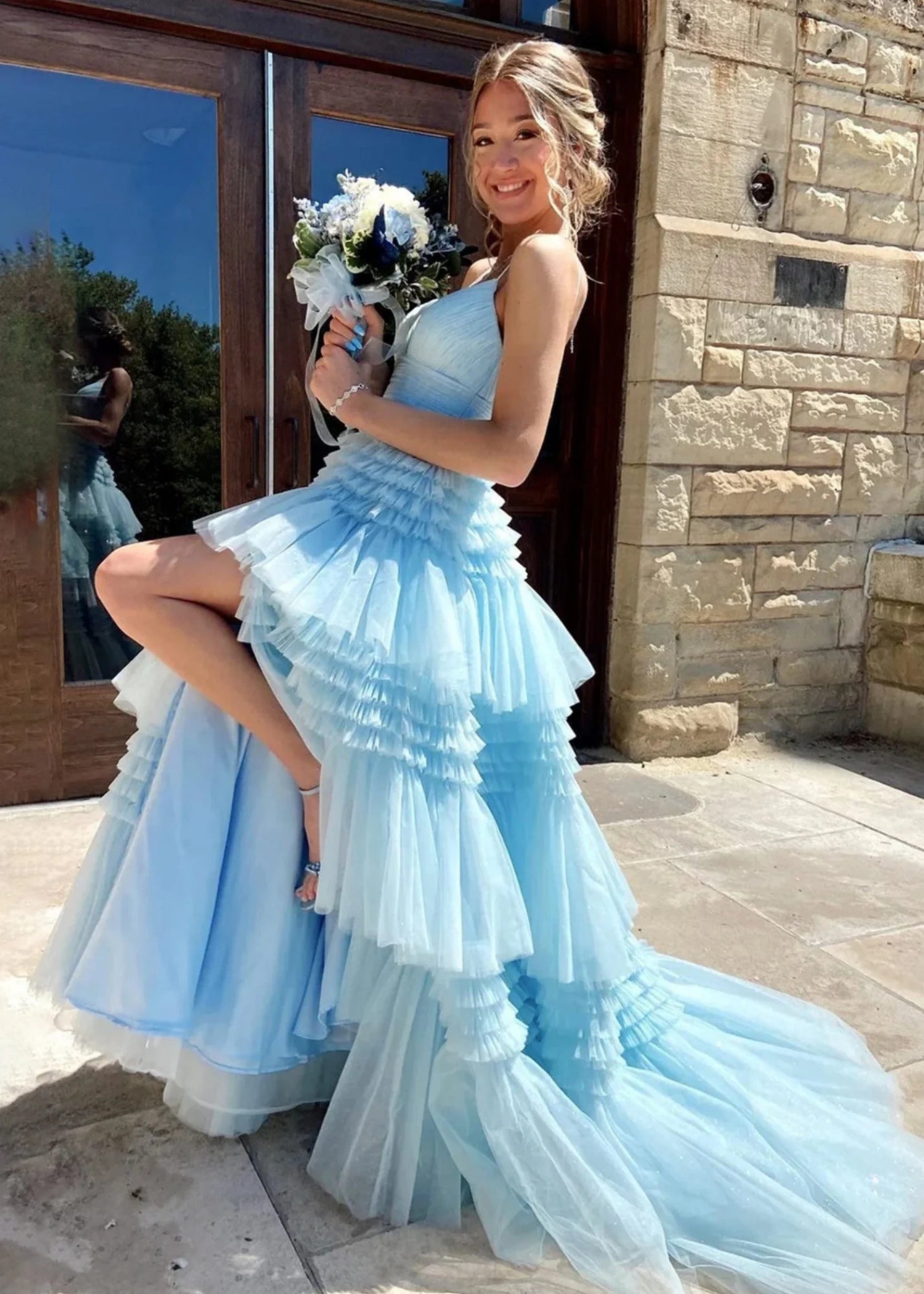 Bridget | Black Sage Green A Line Ruffle V Neck Prom Dress with Slit - Bady Blue - PromDressClub
