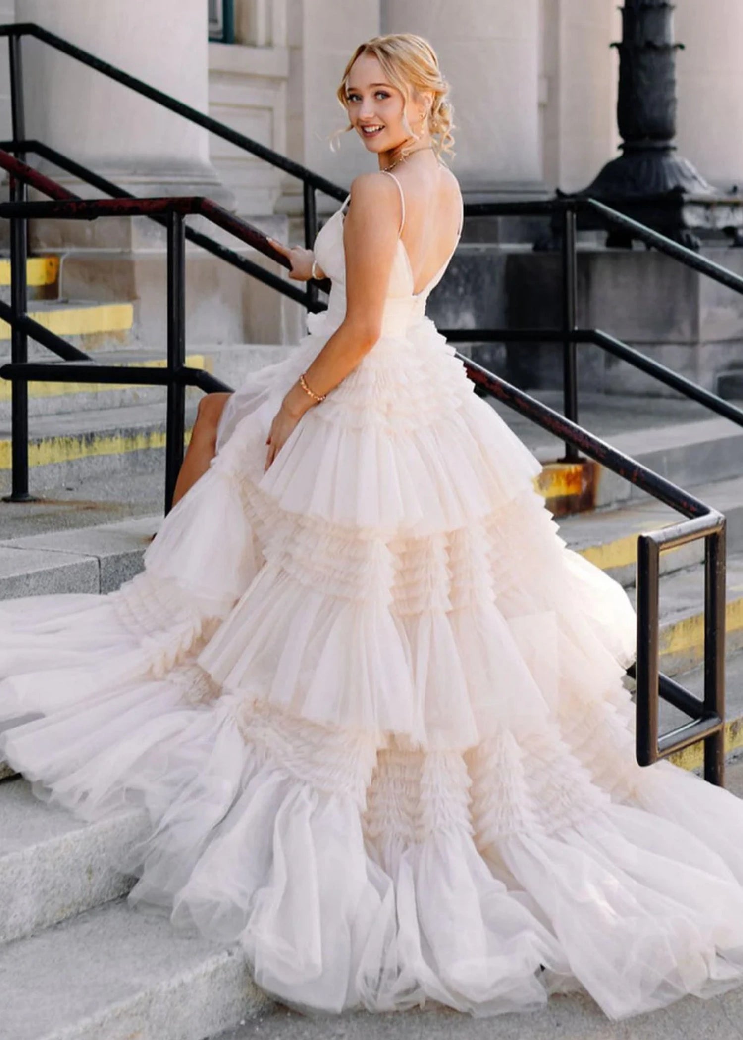 Bridget | Black Sage Green A Line Ruffle V Neck Prom Dress with Slit - White - PromDressClub