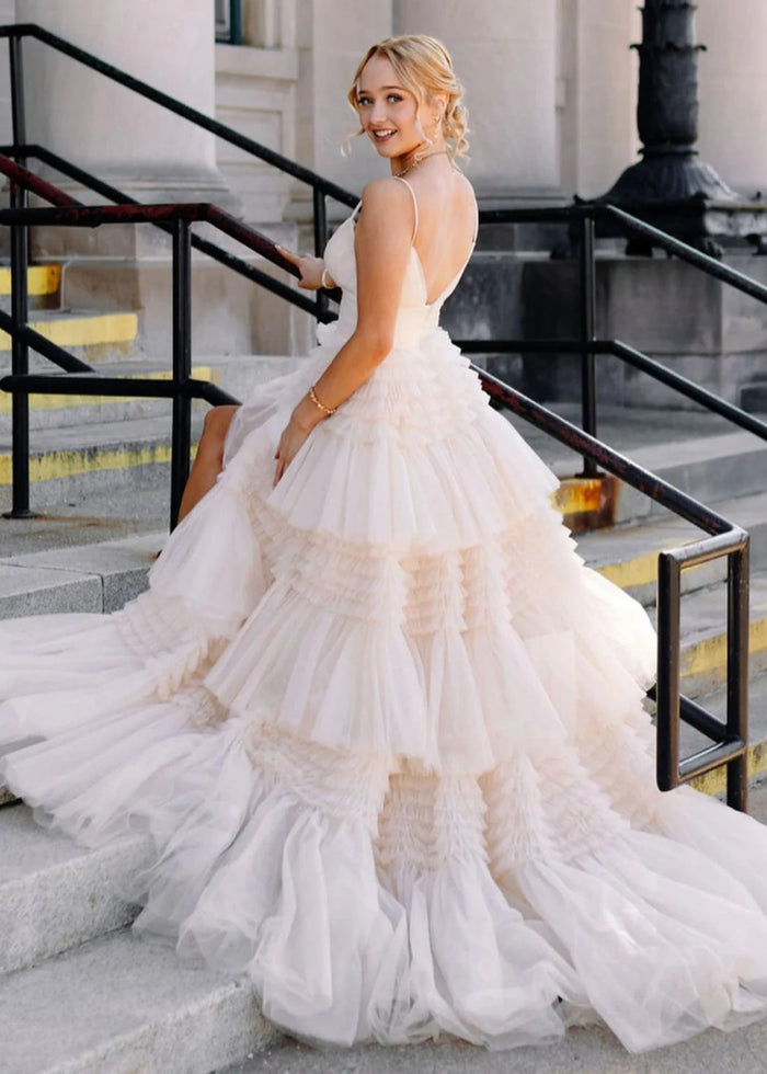 Bridget | Black Sage Green A Line Ruffle V Neck Prom Dress with Slit - White - PromDressClub