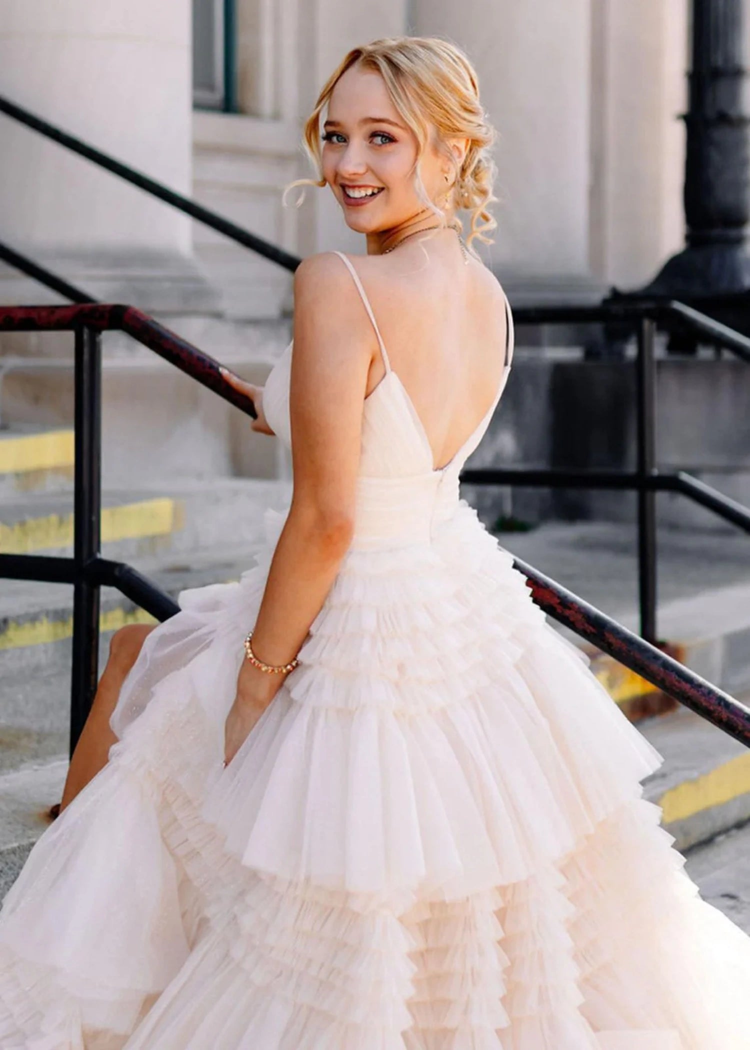 Bridget | Black Sage Green A Line Ruffle V Neck Prom Dress with Slit - White - PromDressClub