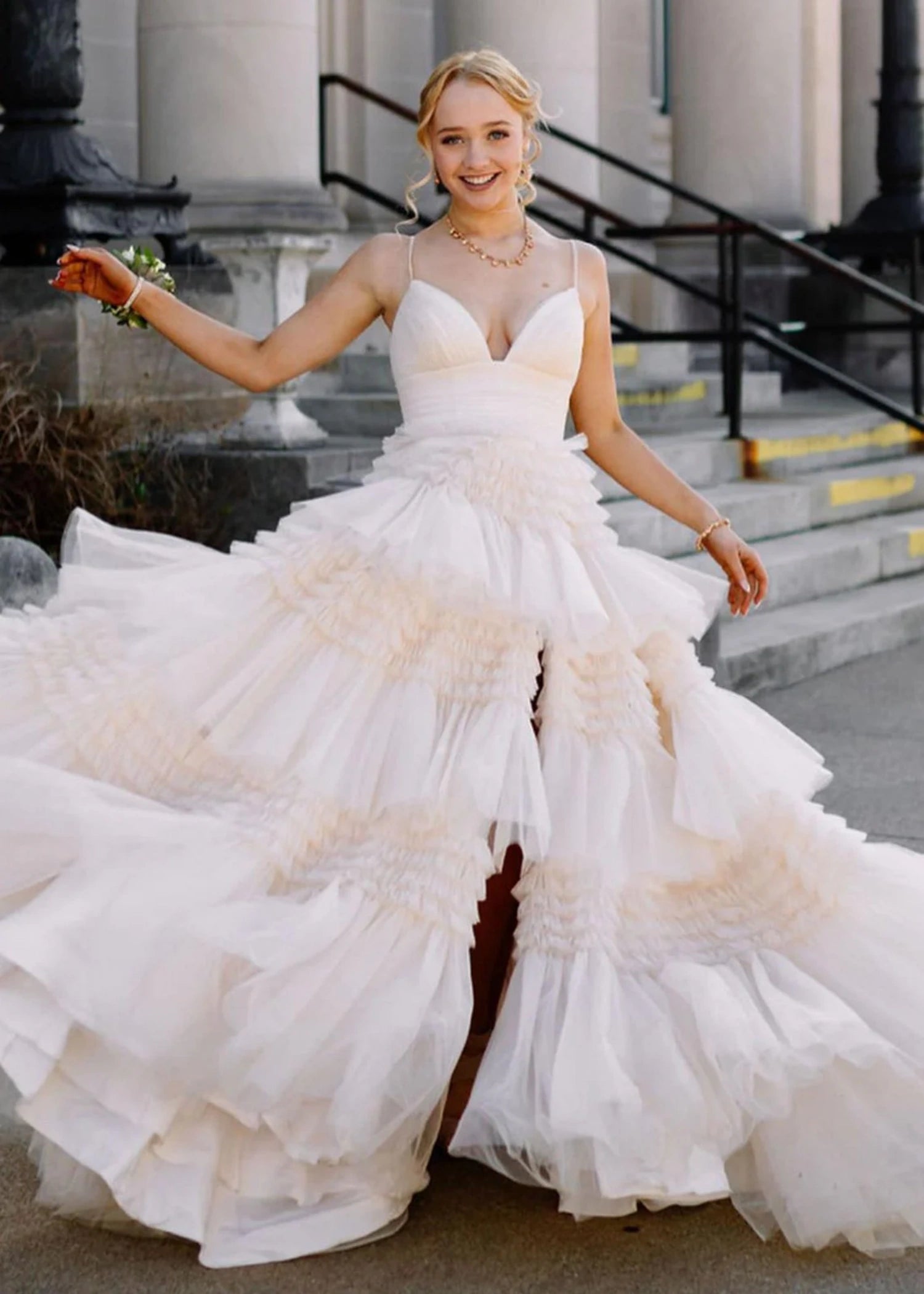 Bridget | Black Sage Green A Line Ruffle V Neck Prom Dress with Slit - White - PromDressClub