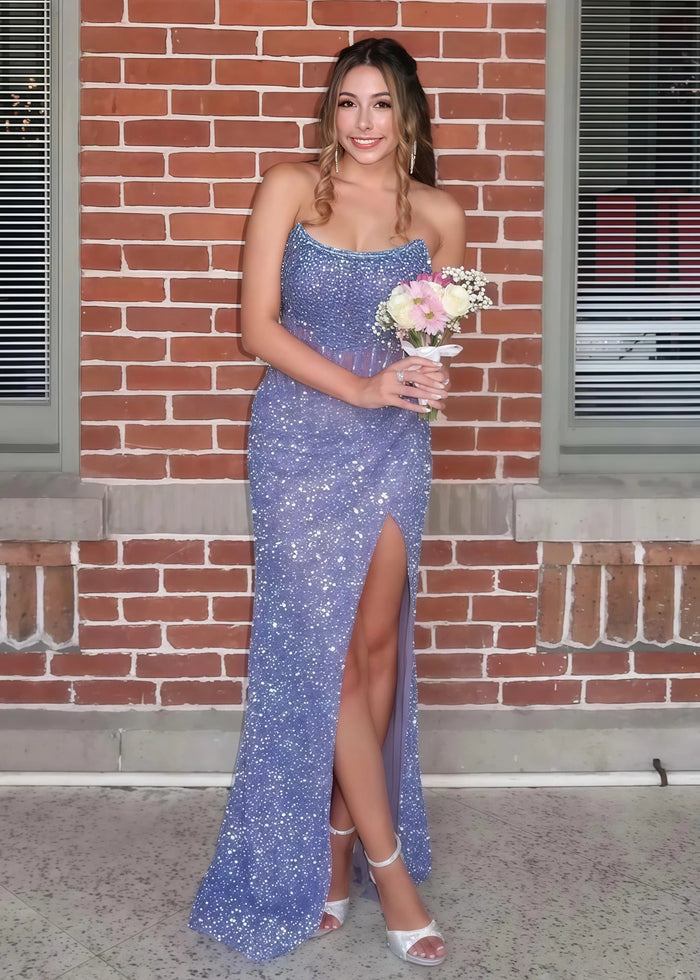 Bridget Beaded Lilac Prom Dress | Mermaid Strapless Corset Pleated Sequins Dress with Slit - Lilac - PromDressClub