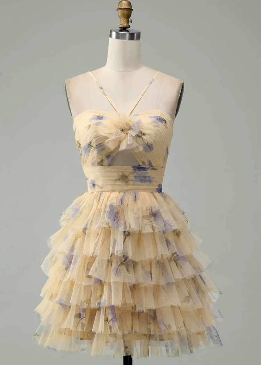 Briseis | Champagne Homecoming Dress: Flattering Ruffles & Photo - Ready Florals - Champagne - PromDressClub