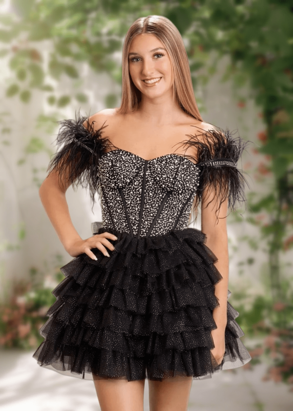 Brooke | A Line Black Tulle Off the Shoulder Beaded Feather Ruffle Cocktail Dress - Black - PromDressClub