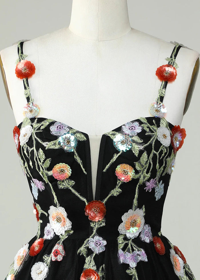 Caliandra | Slay Homecoming Night in a Showstopping Black Corset Dress - Black Floral - PromDressClub