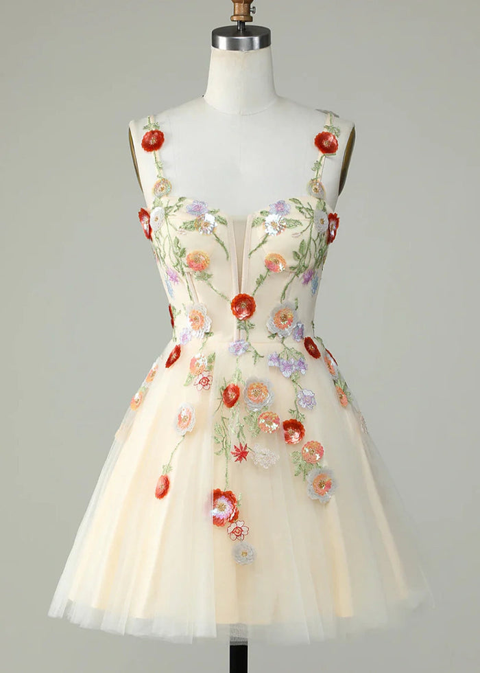 Caliandra | Slay Homecoming Night in a Showstopping Black Corset Dress - Champagne Floral - PromDressClub