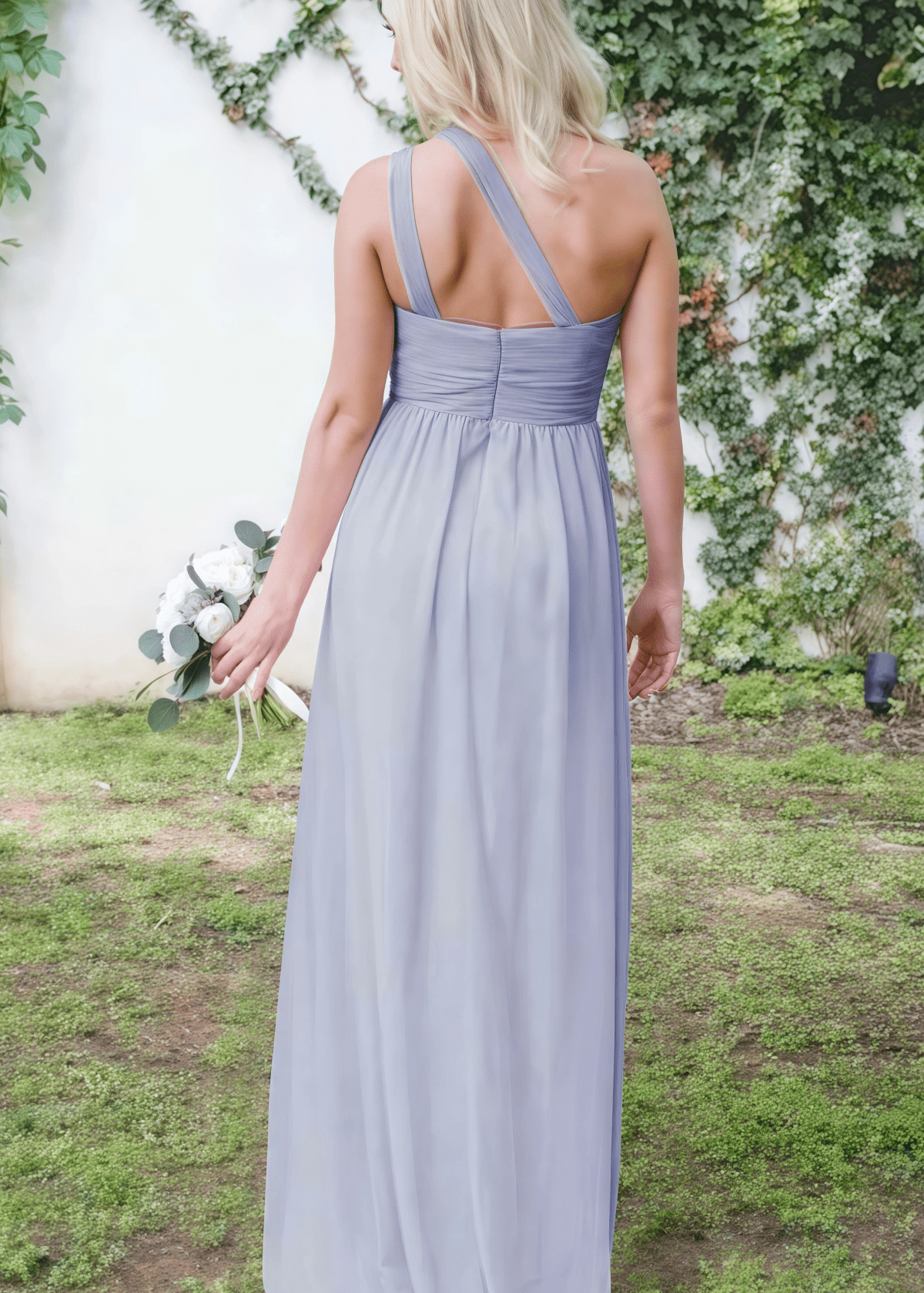 Candice | Simple Boho Backless Dusty Blue Chiffon Maxi Bridesmaid Dress with One Shoulder - Price #price_variant_lowest# - Dusty Blue - PromDressClub