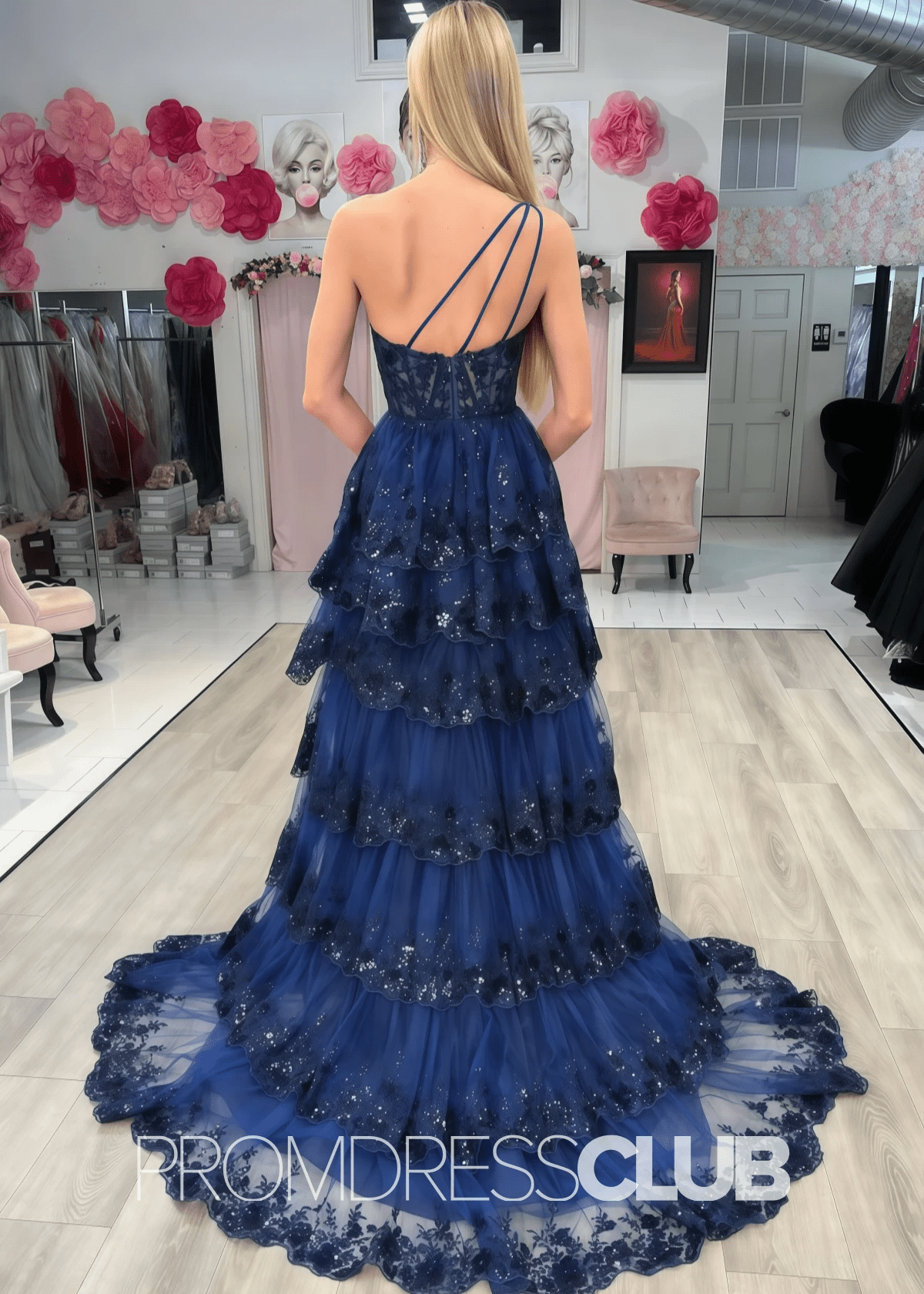 Caroline |Blue Prom Dresses Long A Line One Shoulder Lace with Split - Price #price_variant_lowest# - Navy Blue - PromDressClub