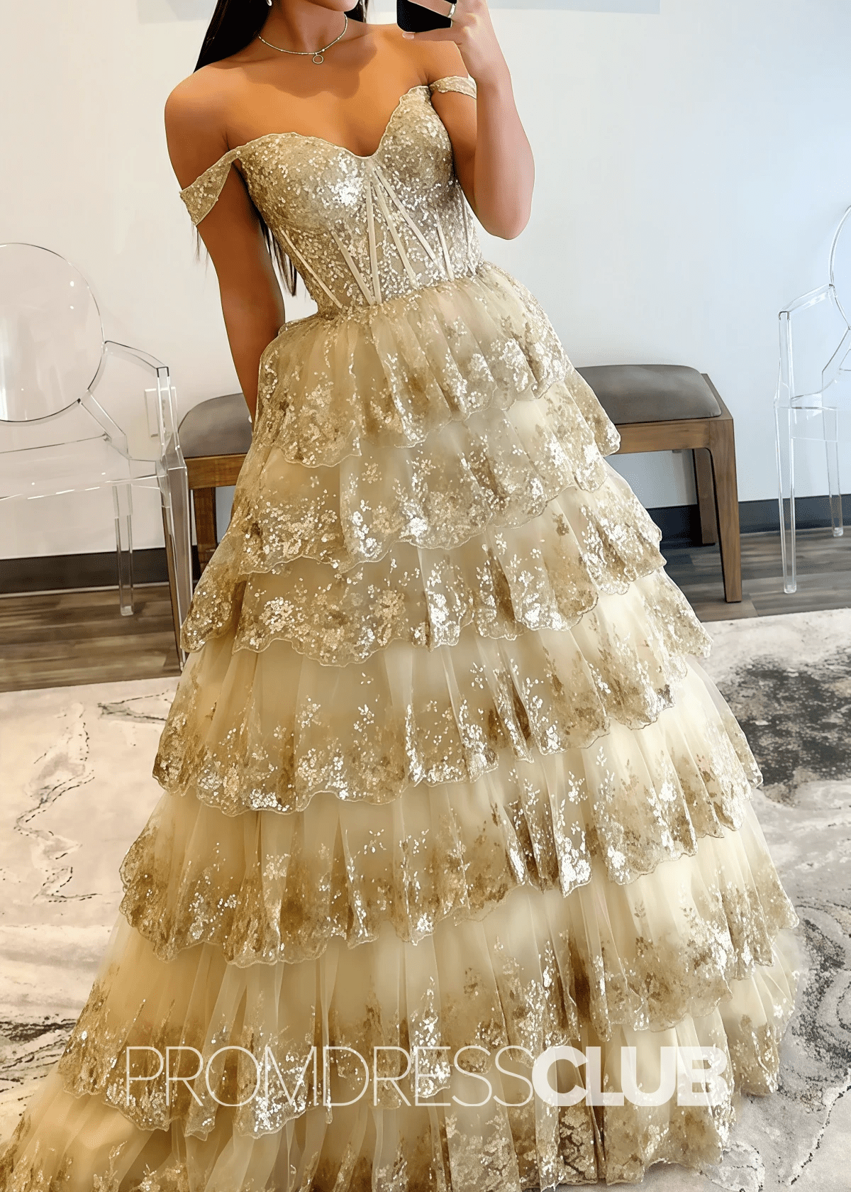 Catherine | Gold Sequin Prom Dress Long A - Line Off The Shoulder With Appliques - Gold - PromDressClub