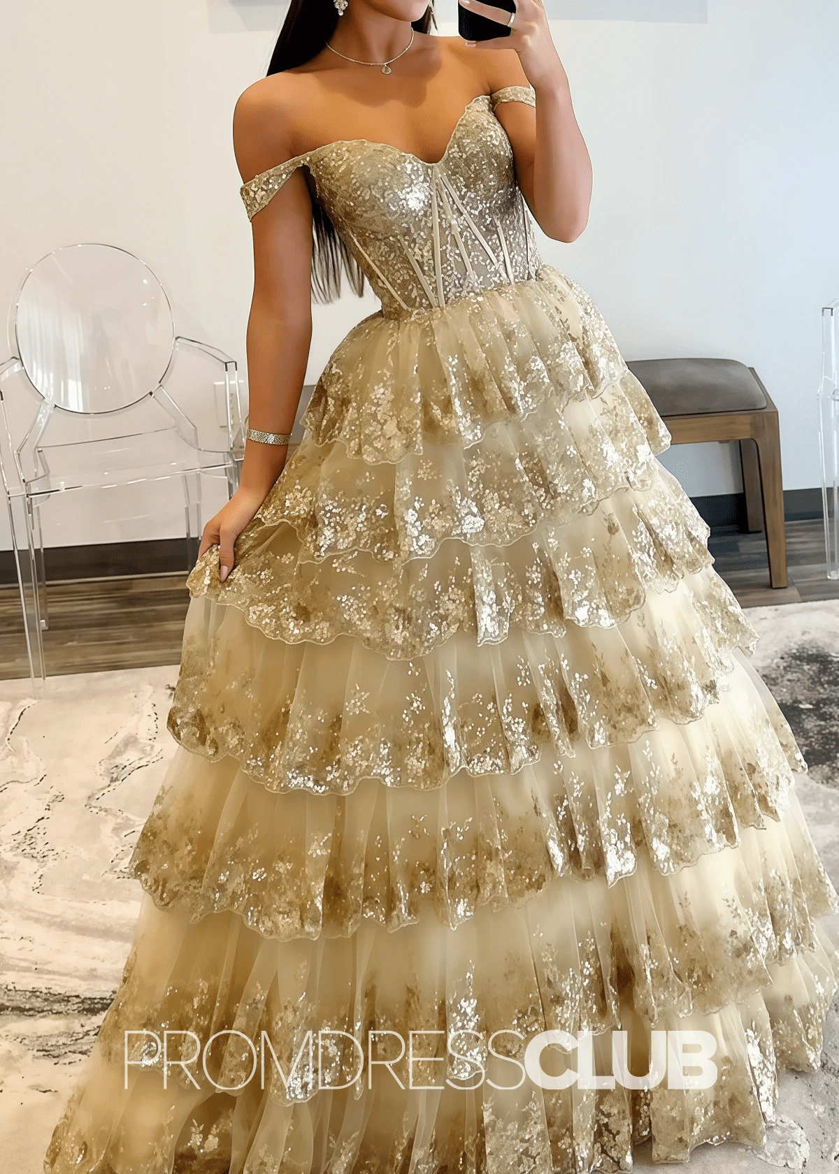 Catherine | Gold Sequin Prom Dress Long A - Line Off The Shoulder With Appliques - Gold - PromDressClub
