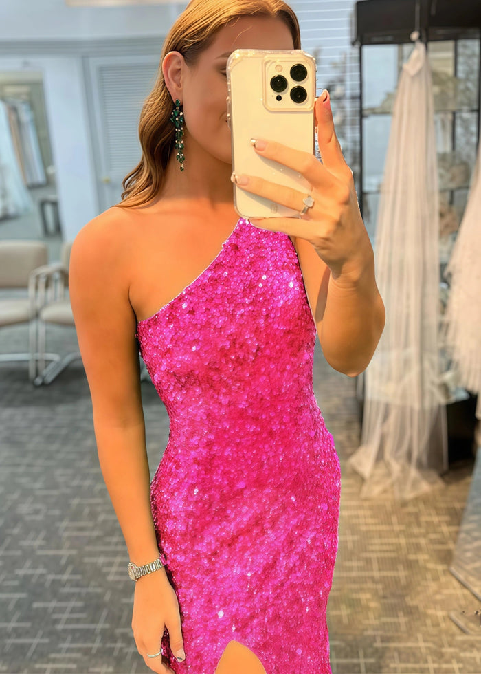 Cecilia | Black Mermaid One Shoulder Backless Formal Dress with Sequins - Hot Pink - PromDressClub