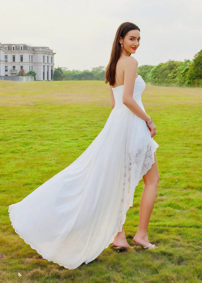 Celeste | Stunning White Lace High Low Strapless Corset Backless Prom Dress - White - PromDressClub